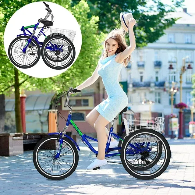 20&#034; Adult Folding Bike Trike 3Wheel 7Speed Cruiser Tricycle with Shopping Basket