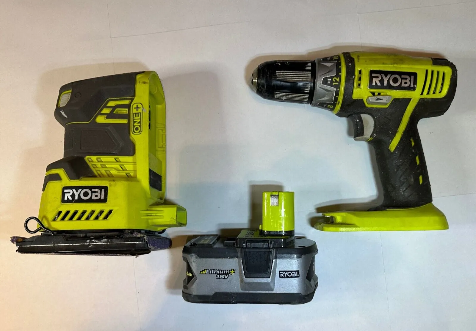 Ryobi 18V Cordless Tools P440 Sander 4 in P202 Drill 1/2 in PLUS ONE+ Battery