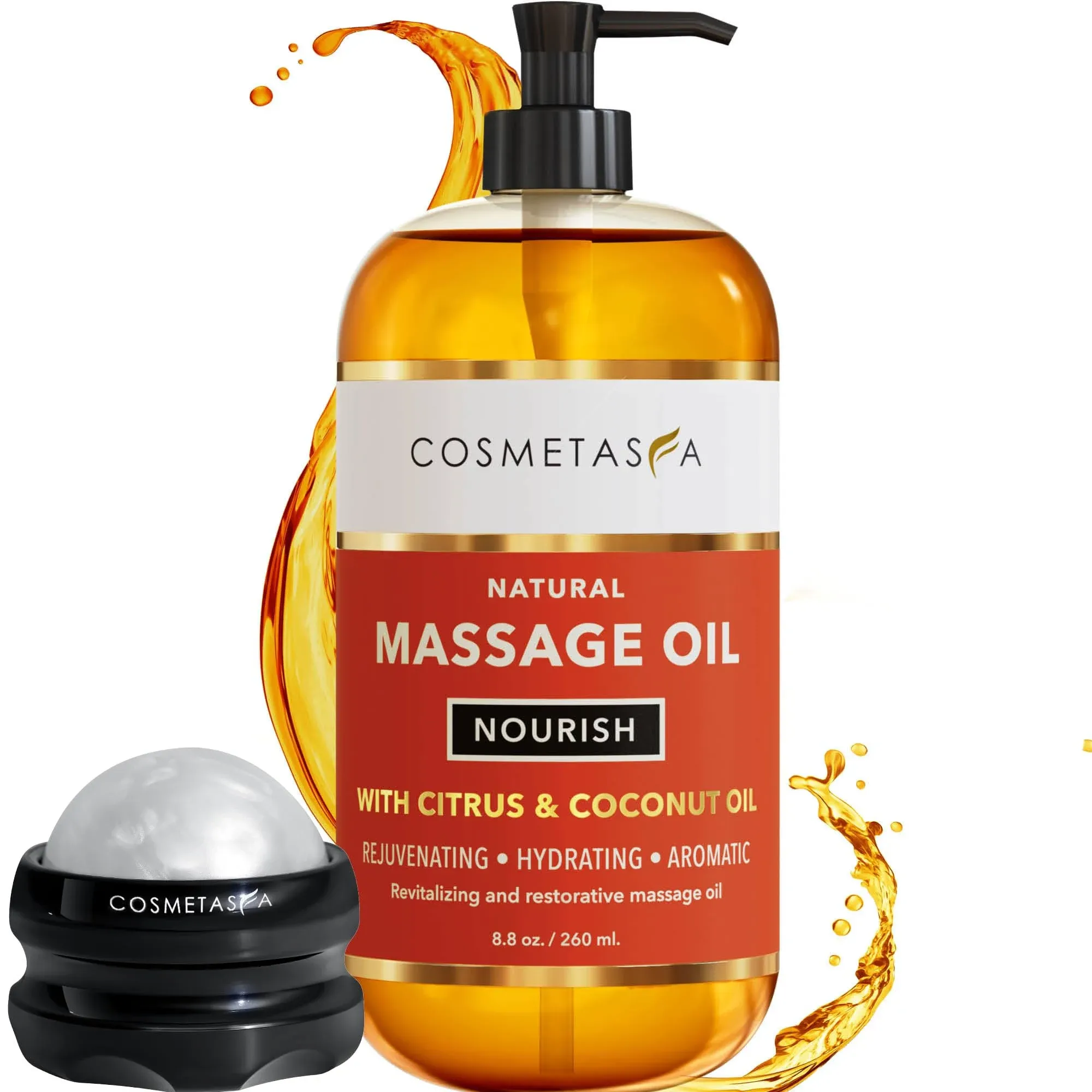 Natural Nourishing Massage Oil with Massage Roller Ball - Therapeutic Citrus & Coconut Massage Oils with Rejuvenating, Hydrating & Aromatic Essential Oils for Dry Skin, Soothes Muscle & Joints 8.8 oz