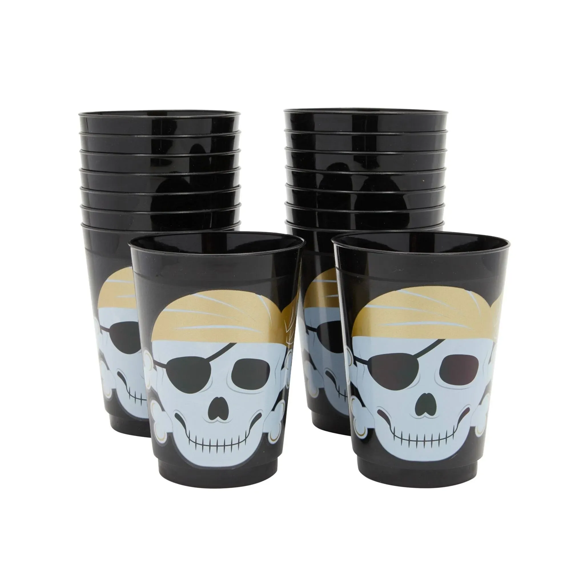 Sparkle and Bash 16 Pack Plastic Skull Themed Tumbler Cups for Kids Pirate Birthday Party Supplies (Black, 16 oz)