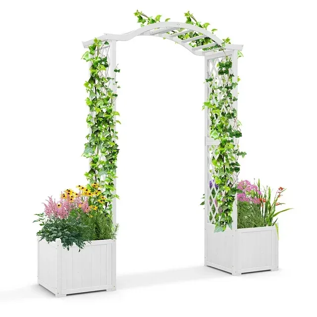 Gymax Garden Arbor with Planter Wooden Planter Arch with Trellis White