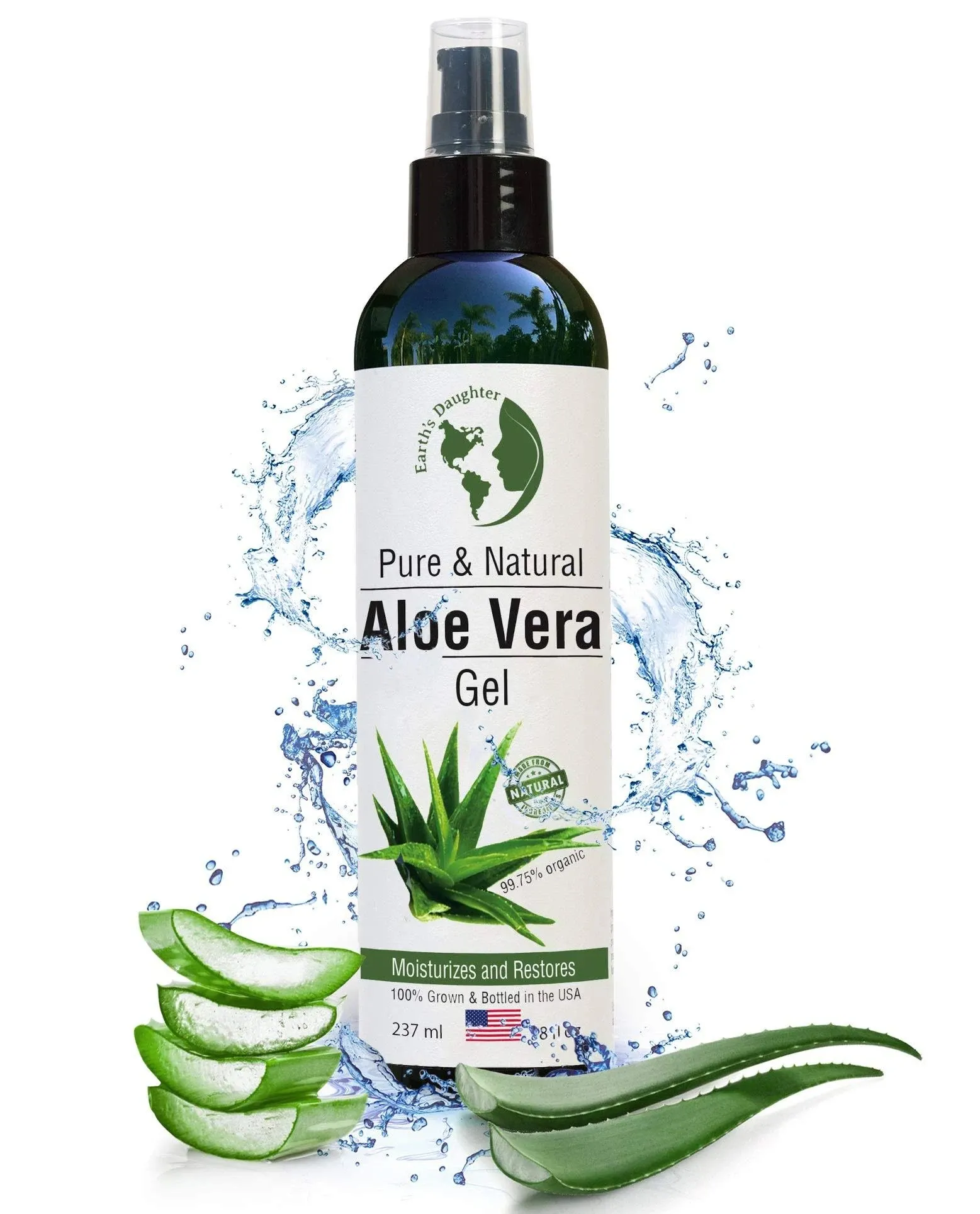 Earths Daughter Organic Aloe Vera Gel from 100% Pure and Natural Cold Pressed Aloe - Great for Face - Hair- Sunburn - Bug Bites - 8 oz Soothes and Hyd