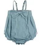 RuffleButts® Baby/Toddler Girls Light Wash Denim Bow-Front Bubble Romper