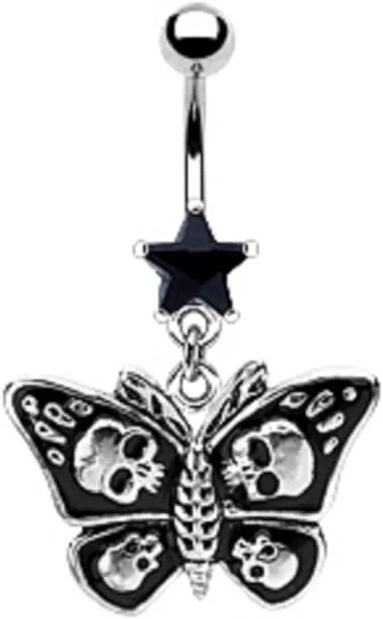 Body Accentz Belly Button Ring 14g Star CZ/Gothic Butterfly with Skull Navel Ring ...