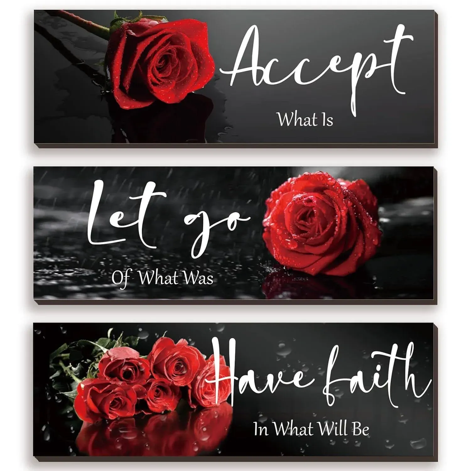 3 Pcs Red Decor Flower Inspirational Wooden Wall Art Red Roses Decor Office Wall Decor with Accept Let Go Have Faith Positive Quotes for Girl Women Bathroom Living Room Bedroom(Red Rose12 x 4 Inch)