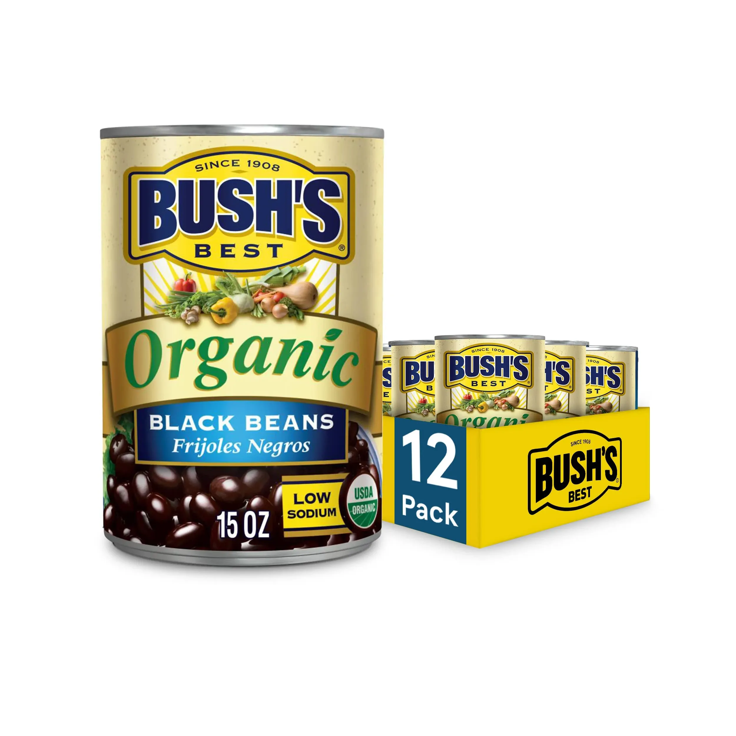 BUSH'S BEST Organic Beans, 15 Ounce Can ,Canned Beans,USDA Certified Organic, Source of Plant Based Protein and Fiber, Low Fat, Gluten Free (Pack of 12)