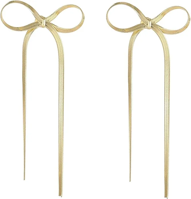 Gold Bow Earrings Long Chain Tassel Dangle Earrings Ribbon Bowknot Statement ...