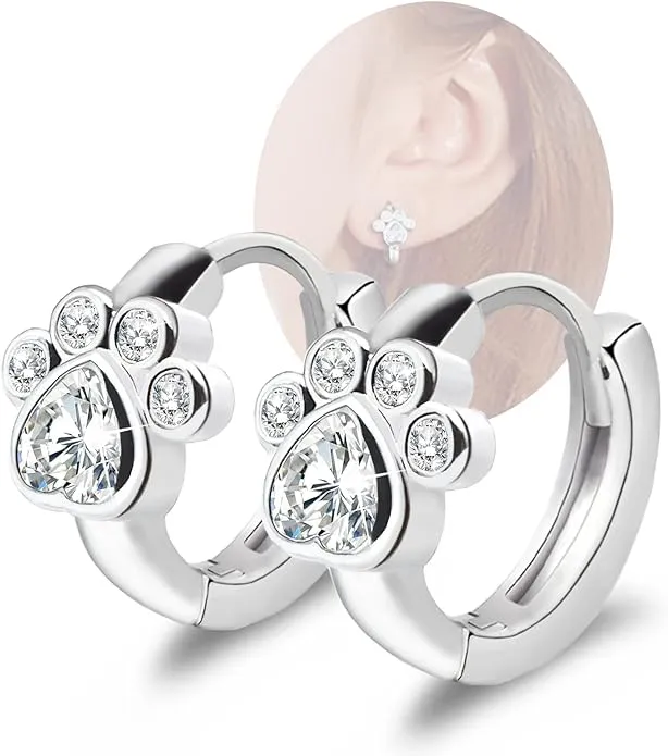 Cubic Zirconia Small Hoop Earrings - CZ Cat Dog Paw Print Hoop Huggies Earrings Sterling Silver Hypoallergenic Cute Cartilage Earrings for Women Girls Teens