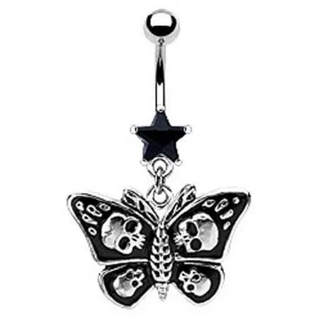 Body Accentz Belly Button Ring 14g Star CZ/Gothic Butterfly with Skull Navel Ring ...