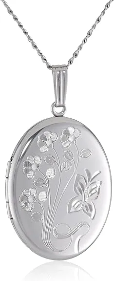 Amazon Essentials Sterling Silver Engraved Flowers Oval Locket, 20" (previously Amazon Collection)