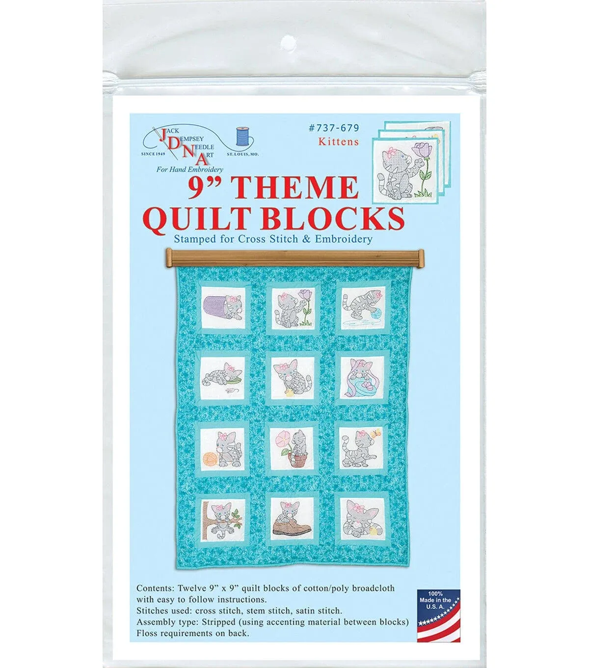 Jack Dempsey Themed Stamped White Quilt Blocks 9"x9" 12-pkg-kittens