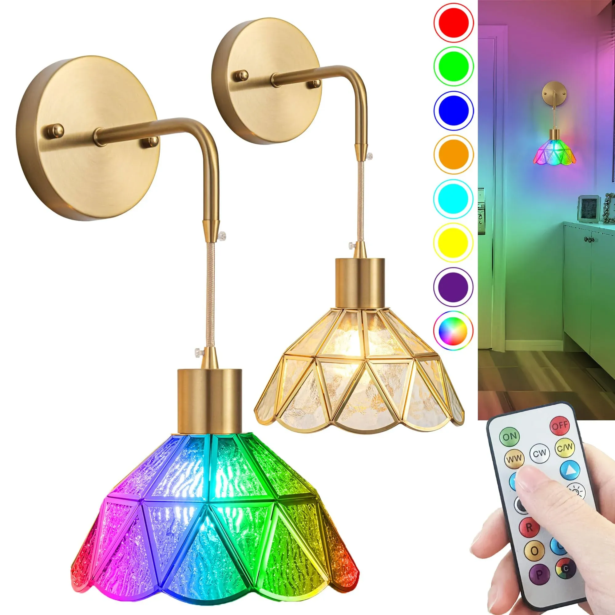 Battery Operated Wall Sconce, Wireless Wall Sconces Set of Two Battery Operated, RGB Color Changing Dimmable Battery Operated Sconces with Remote for Bedroom Living Room, Easy to Install