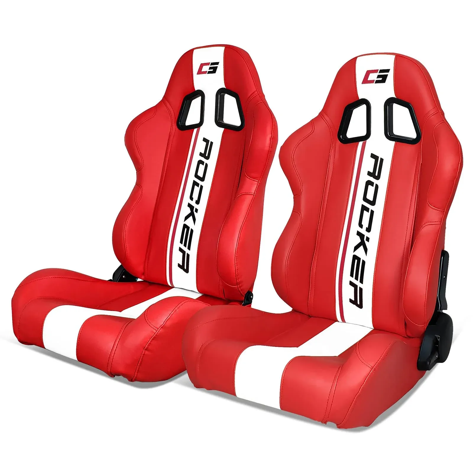 Reclinable Pair Racing Seats + Dual Sliders Red PU Leather White Stripe  | eBay