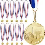 Juvale 12 Pack Award Medals for Adults - Team Participation Trophies with Red, White, and Blue Striped Ribbon, Sports Themed Party Favors (2 in, Metal, Gold)