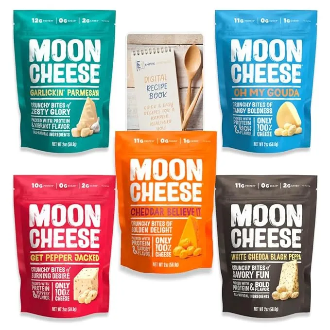 Moon Cheese Variety Pack of 5, 1 of each (Cheddar Believe It, Oh My Gouda, Garlickin Parmesan, Get Pepper Jacked, White Chedda Black Peppa) GF, High Protein, Low Carb, Keto Friendly, 100% Real Cheese