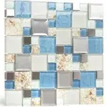 Blujellyfish Blue Sea Glass Tile Backsplash Beach Style Mosaic Tiles Real Seashell Inside (Pack of 5 Sheets)