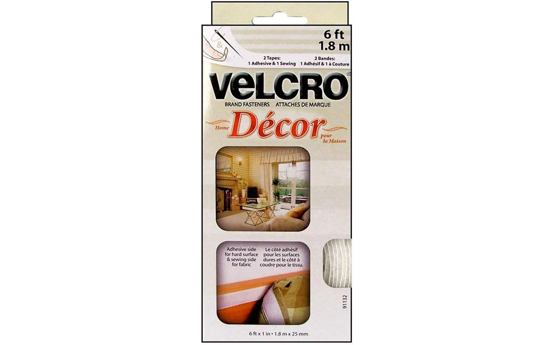 VELCRO Brand Home Decor Tape Roll, 1" x 6', White