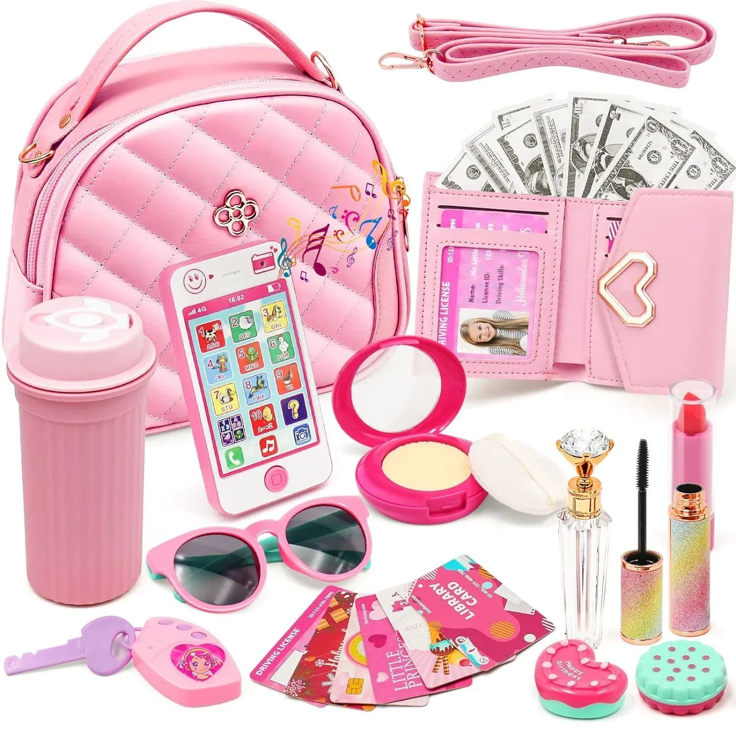 Kids Pretend Play Little Girl Purse Accessories, Princess Toy Cell Phone Fake Ma