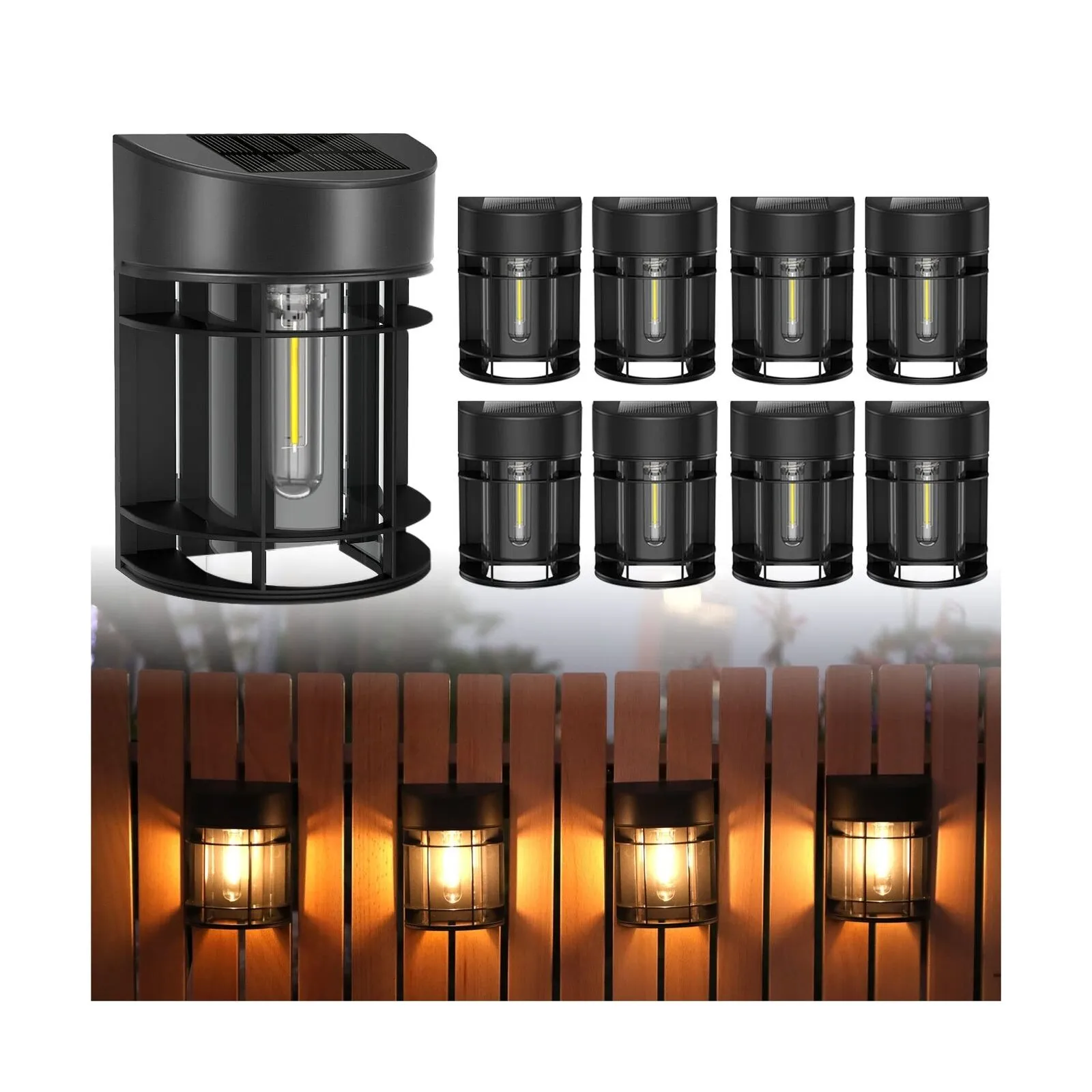 Solar Fence Lights Outdoor 8 Pack Deck Lights Solar Powered with Edison LED B...