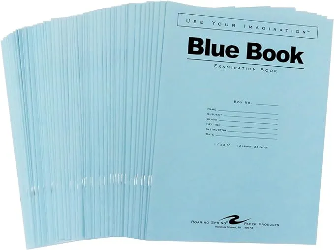 Roaring Spring Exam Blue Books, 50 Pack, 11" x 8.5", 10 Sheets/20 Pages, Wide Ruled with Margin, Proudly Made in The USA