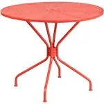 Flash Furniture Commercial Grade 35.25" Round Coral Indoor-Outdoor Steel Patio Table with Umbrella Hole