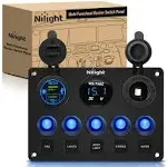 Nilight 5 Gang Multi Function Waterproof Switch Panel PD Type C and USB Charger