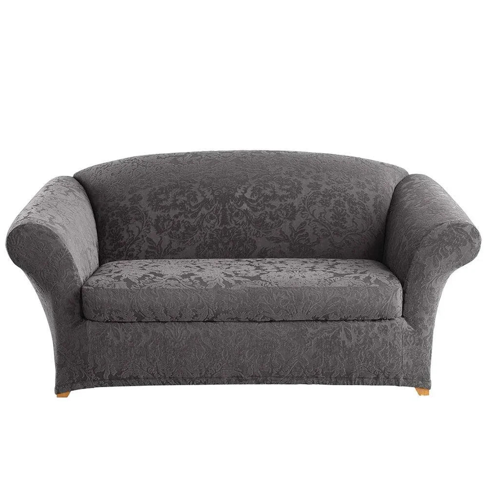 Surefit Stretch Jacquard Damask Box Cushion Loveseat Two Piece Love Seat, Grey