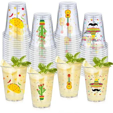 meekoo 100 Pack 12 oz Fiesta Cups Plastic Cups Mexican Cups Clear Disposable Cups Cinco De Mayo Party Decorations for Fiesta Taco Birthday Party Drinkware Supplies, 4 Styles