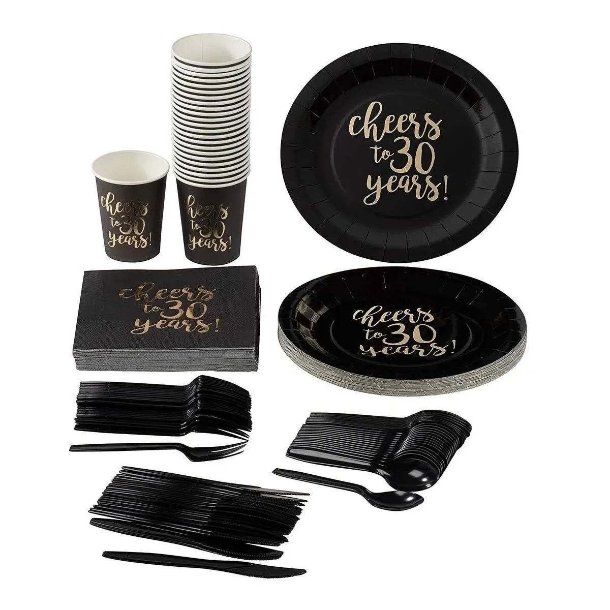 Juvale 144-Piece Cheers to 30 Years Plates, Napkins, Cutlery, and Cups for Black and Gold 30th Birthday Party Supplies, Anniversary Decorations (Serves 24)