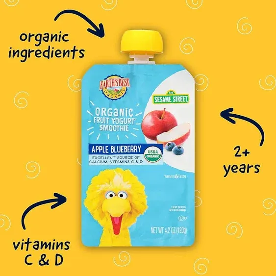 Earth's Best Organic Kids Snacks, Sesame Street Toddler Snacks, Organic Fruit Yogurt Smoothie for Toddlers 2 Years and Older, Peach Banana, 4.2 oz Resealable Pouch (Pack of 12)