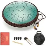 Green 15 Notes 14 Inches Steel Tongue Drum | Wide Range Steel Drum with Carrying Bag & Mallets | Tank Drum for Healing | Random Color | Ideal for Stress Relief and Meditation