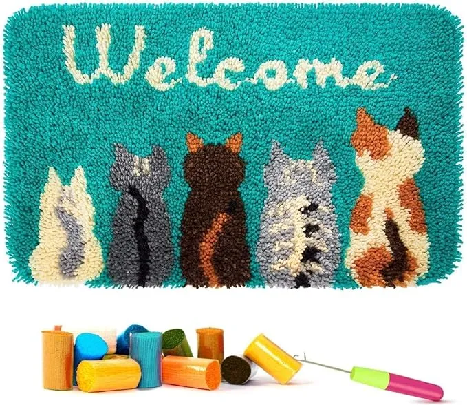 Latch Hook Kits for Adults - Cats Welcome Rug Kits 24X16 in, DIY Latch Hook Rug Kit, Cross Stitch Rug Making Kit, Carpet Making Crochet Kits