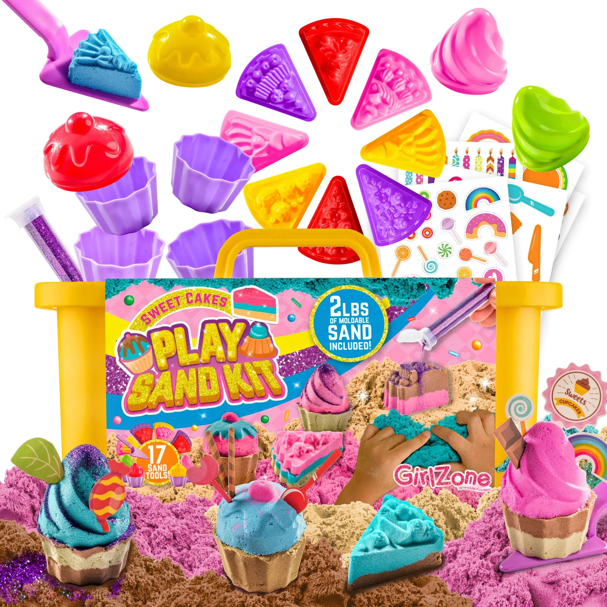 GirlZone Sweet Cakes Play Sand Kit, Fun Sand Box Toys Kit with 2lbs Moldable Sensory Sand and 17 Sandbox Sand Tools, Fun Sand Toys for Toddlers Age