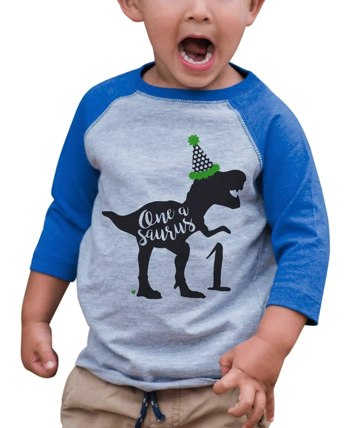 7 ate 9 Apparel Kid's One Dinosaur Birthday Blue Raglan Tee