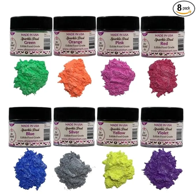 SPARKLE II Edible Dust SET (8 Colors) 4 grams each container, GLUTEN FREE, By Oh! Sweet Art Corp