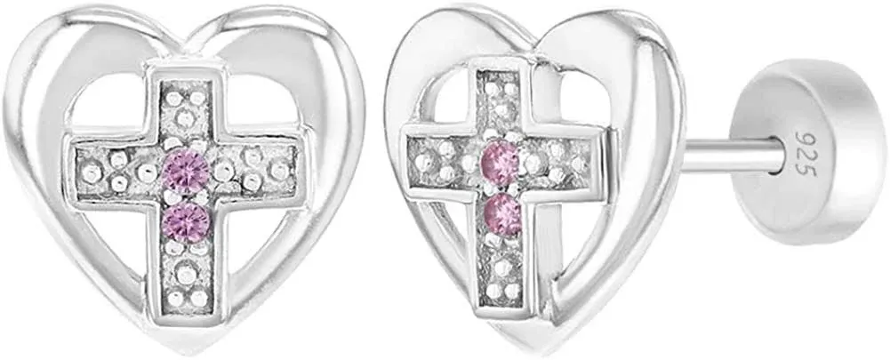 Heart Cross Kids / Childrens / Girls Earrings Safety Push Back - Sterling Silver