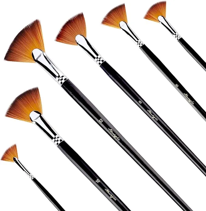 Amagic Fan Brush Set- Artist Soft Anti-Shedding Nylon Hair Paint Brushes for Acrylic Watercolor Oil Painting - Long Wood Handle with Storage Case, Set of 6