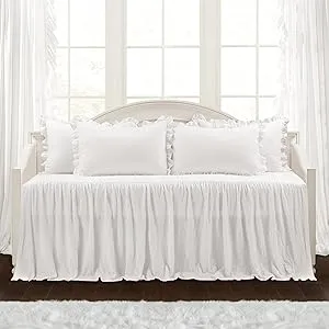 Lush Decor Ruffle Skirt Daybed Cover Set - 5 Piece Luxurious Farmhouse Bedding Set - Elegant, Charming Ruffle Detail - Timeless Style & Classic Design - Soft and Lightweight - 39" W x 75" L, White