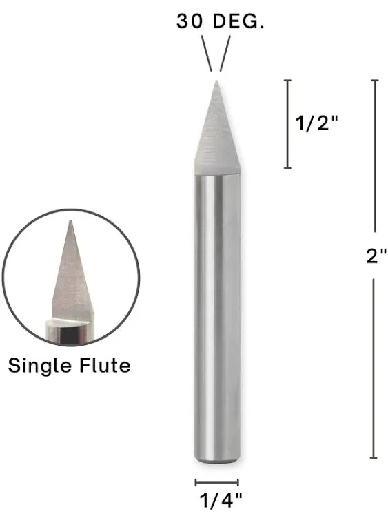 30 Degree - V Bit Engraver - 1/4 Inch Diameter Shank, Solid Carbide, Engraving, CNC Router Bits