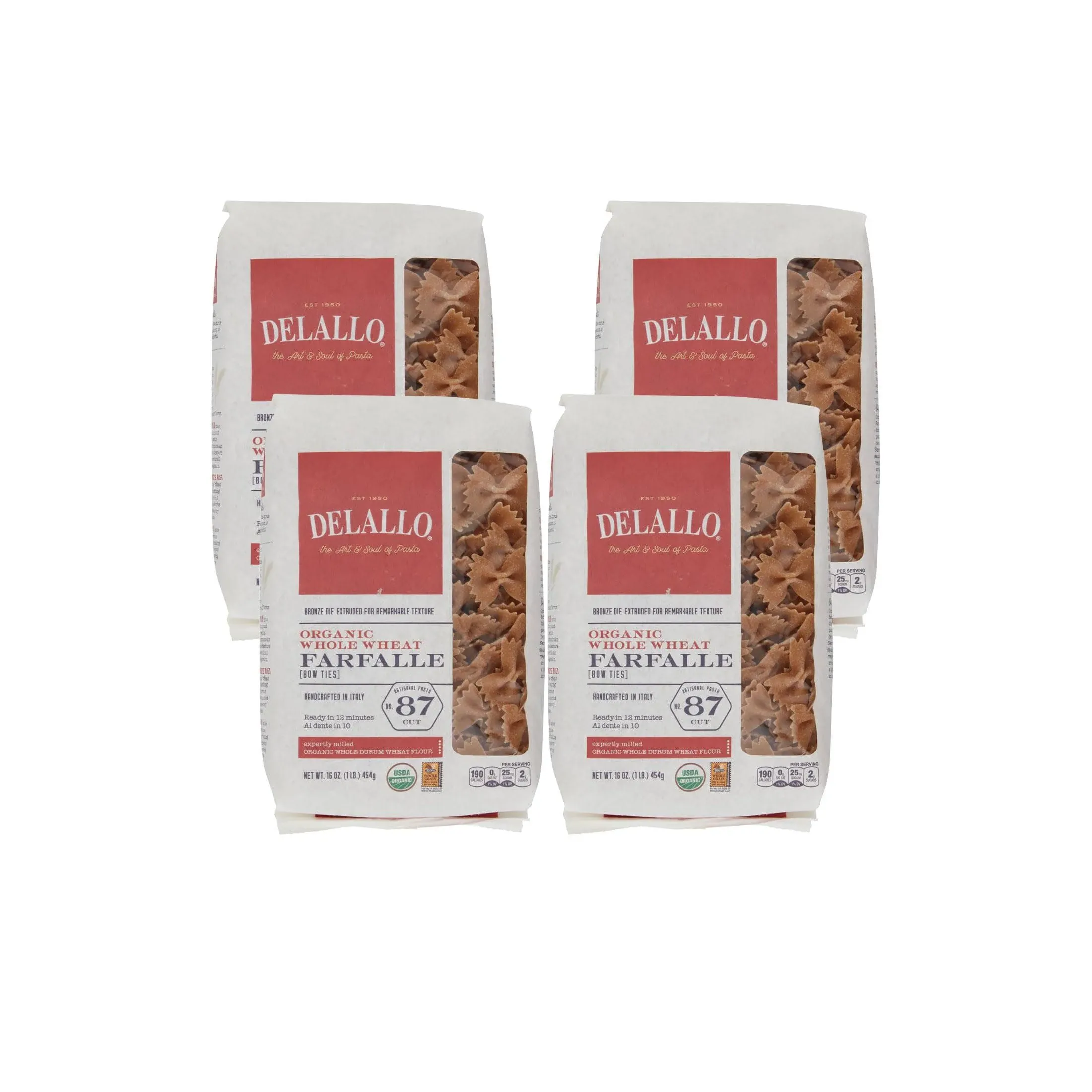 DeLallo Whole Wheat Farfalle Bowtie Pasta, 1 Pound Bag, 4 Pack, Whole Grain Noodles, 100% Organic, Imported from Italy, Made with Whole Durum Wheat