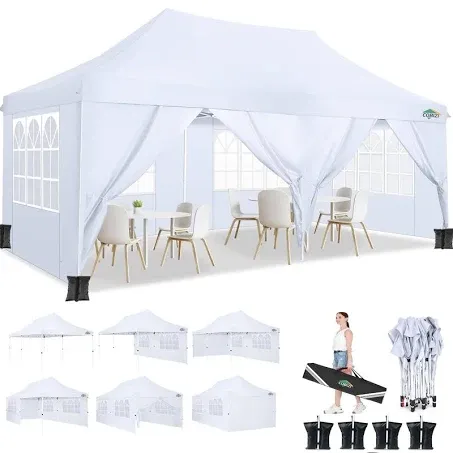 COBIZI 10x20ft Pop Up Canopy Tent with 6 Removable Sidewalls, Easy Up Commercial Canopy, Waterproof and UV50+ Gazebo with Portable Bag, Adjustable Leg Heights, Tents for Parties, with 4 sandbags