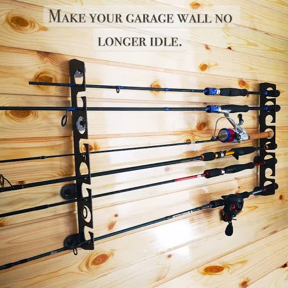 Sunshine Fishing Rod Rack for Garage, Cabin & Storeroom, Fishing Pole holder Wall/Ceiling Mount Rack, Hold up to 8 Fishing Rods, Fishing Poles Storage & Display. (Screws included, Black)