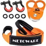 METOWARE Off-Road Recovery Kit - 10 Ton Heavy Duty Winch Snatch Block Pulley with 3" x20' Tow Strap and 2pcs D Ring Shackles