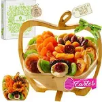 NUT CRAVINGS Gourmet Collection - Holiday Christmas Dried Fruit Wooden Apple-Shaped Gift Basket + Tray (9 Assortment) Xmas Flower Arrangement Platter with Green Ribbon - Healthy Kosher Corporate Gifts