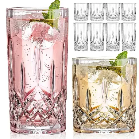 Drinking Glasses, 8 Piece Crystal Glass Cups, Mixed Glassware Set, 4 pcs Crystal Old Fashioned 11oz Highballs and 4 pcs 11oz Whiskey Glasses, Great for Cocktail, Whisky and other Beverages