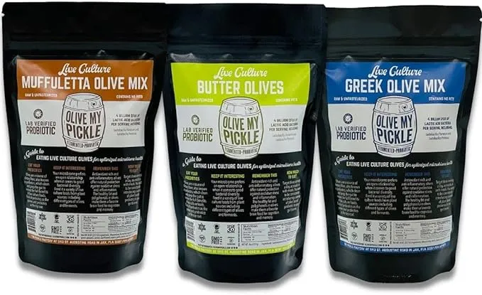 Olive My Pickle Live Culture & Probiotic Olives for Gut Health - Healthy Olives Bundle (3 Pack)