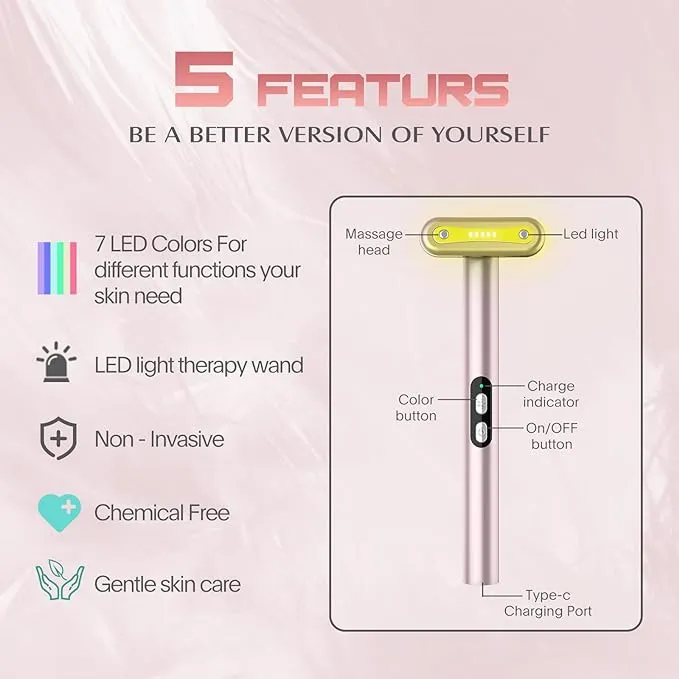 Fxtiaa Red-Light-Therapy-Wand, 7 Colors LED Facial Light Therapy Wand for Face and Neck Rejuvenation, Face Massager Eye Beauty Tool at Home