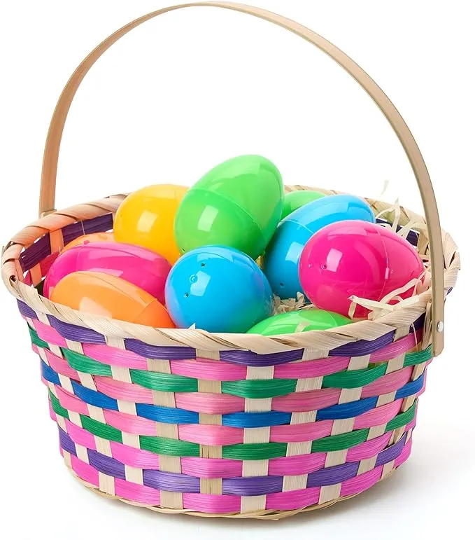 JOYIN Easter Bamboo Basket, Colorful Round Bamboo Woven Goodie Basket with Folding Handle, Empty Gift Basket for Girls Boys Easter Egg Hunt, Kids