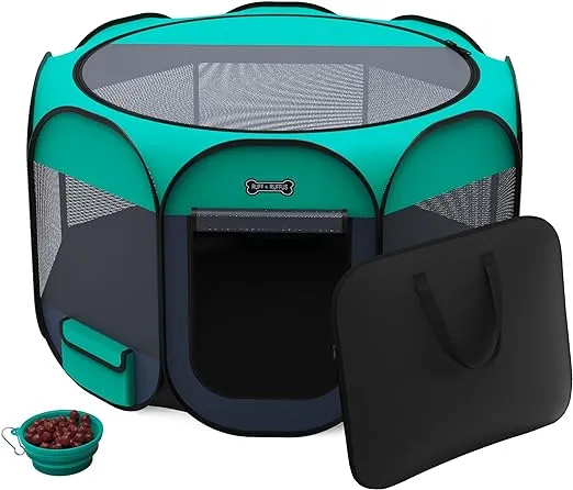 Ruff 'N Ruffus Portable Foldable Pet Playpen + Carrying Case & Collapsible Travel Bowl | Indoor/Outdoor use | Water Resistant | Removable Shade Cover (Extra Large)