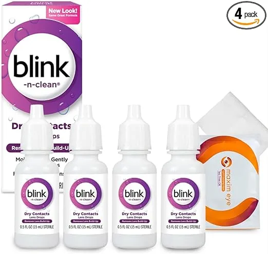 Blink-N-Clean Lens Drops 4 Pack Blink Eye Drops for Contact Lenses, 15 ml (Total 60 ml) Cleans & Moisturizes for Soft & RGP Lens Wearers, Bundled with 1 Tea Tree Oil Eyelid/Eyelash Wipe